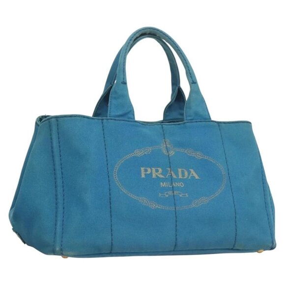 PRADA Canapa GM Hand Bag Canvas Blue Gold - Picture 1 of 16